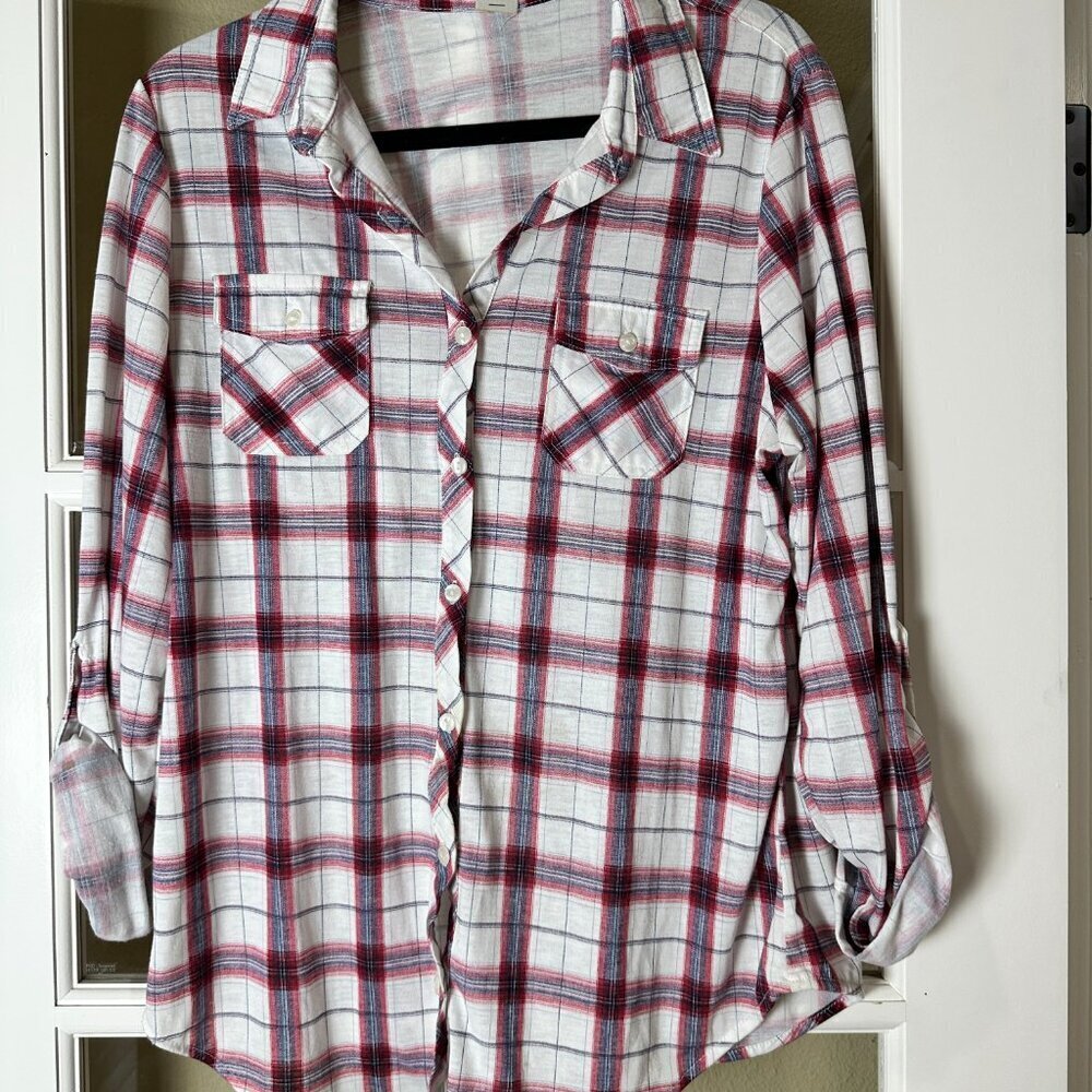 VICI Boutique Passport Plaid Roll Sleeve Button Down Shirt Top Blouse Size XL - Picture 2 of 7